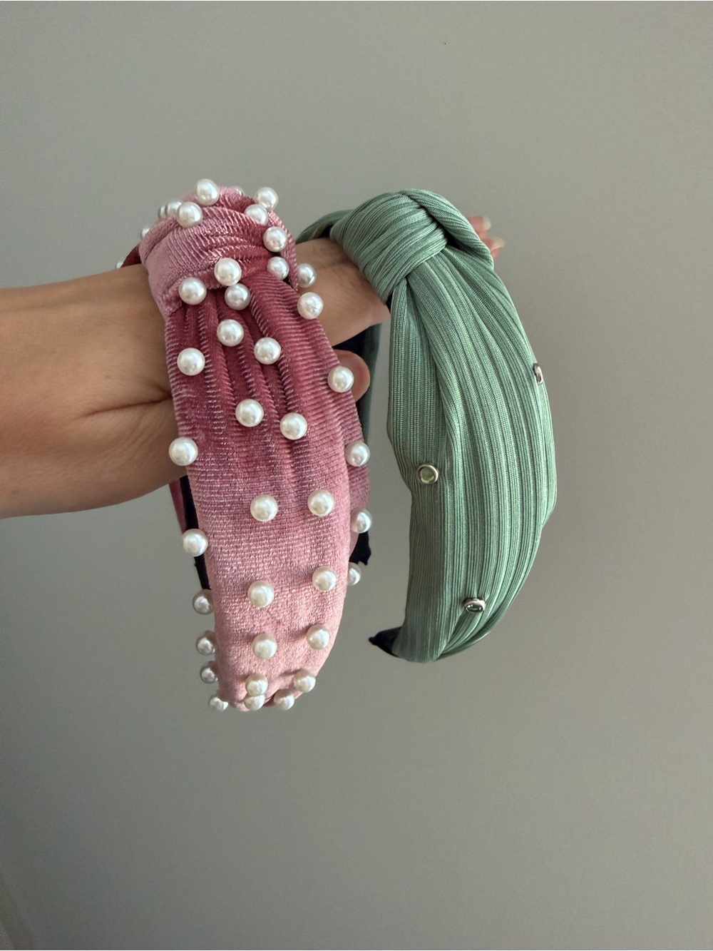 Pearl-Embellished Pink Velvet Headband & Knotted Sage Green Headband Set